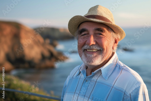 A happy elderly man wearing a straw hat and light blue shirt, smiling warmly while standing near the ocean during sunset