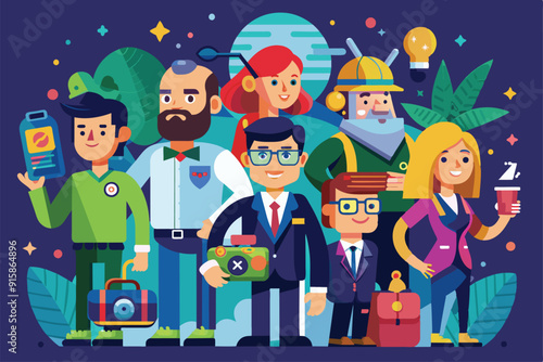 A lively group of professionals gathers after work, showcasing diverse roles in a vibrant, nature-inspired setting during the evening