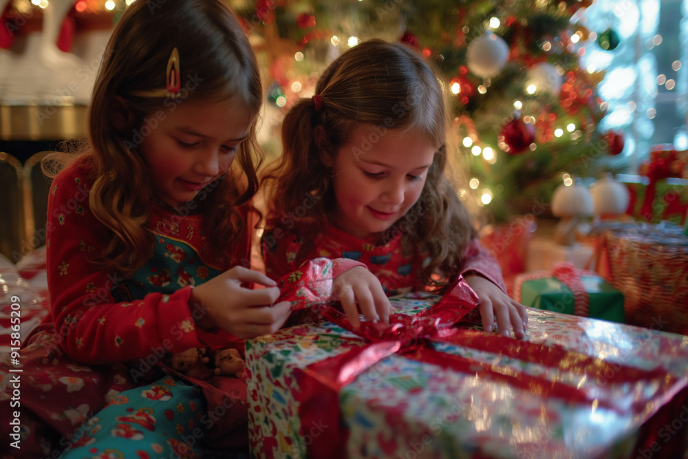 Two young girls in matching pajamas eagerly unwrapping gifts by a Christmas tree, surrounded by holiday decorations Two young girls in matching pajamas eagerly unwrapping gifts by a Christmas tree, surrounded by holiday decorations