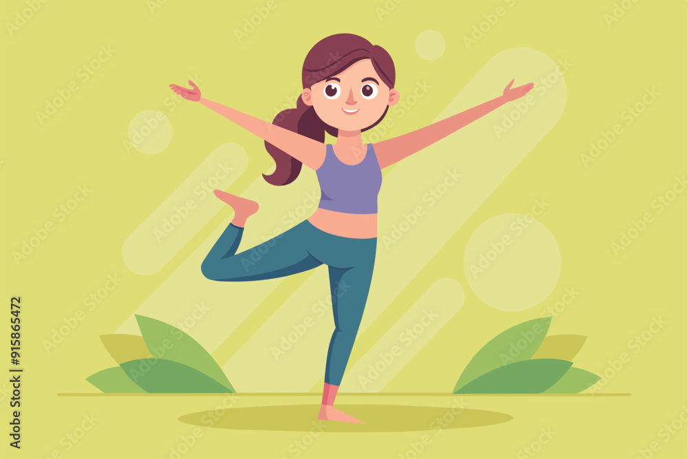 A girl balances playfully with one leg raised and arms outstretched against a vibrant green backdrop, enjoying the warmth of a sunny day A girl balances playfully with one leg raised and arms outstretched against a vibrant green backdrop, enjoying the warmth of a sunny day