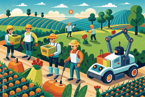 Automated guided robots assist farmers as they harvest various crops under the bright sun in expansive, green agricultural fields