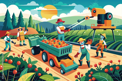 Farm workers utilize automatic guided robots to harvest crops, highlighting advanced technology in agriculture under a stunning sunset
