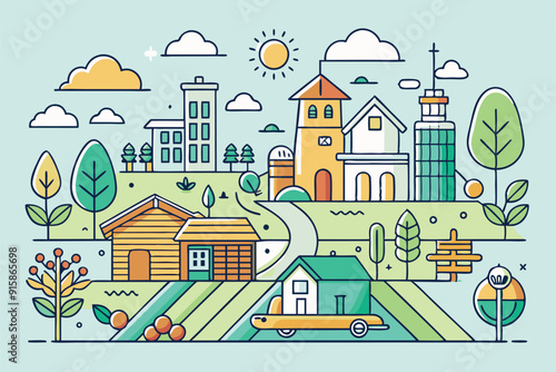 A picturesque village showcases various farms, buildings, trees, and a clear blue sky, creating a serene, agricultural atmosphere