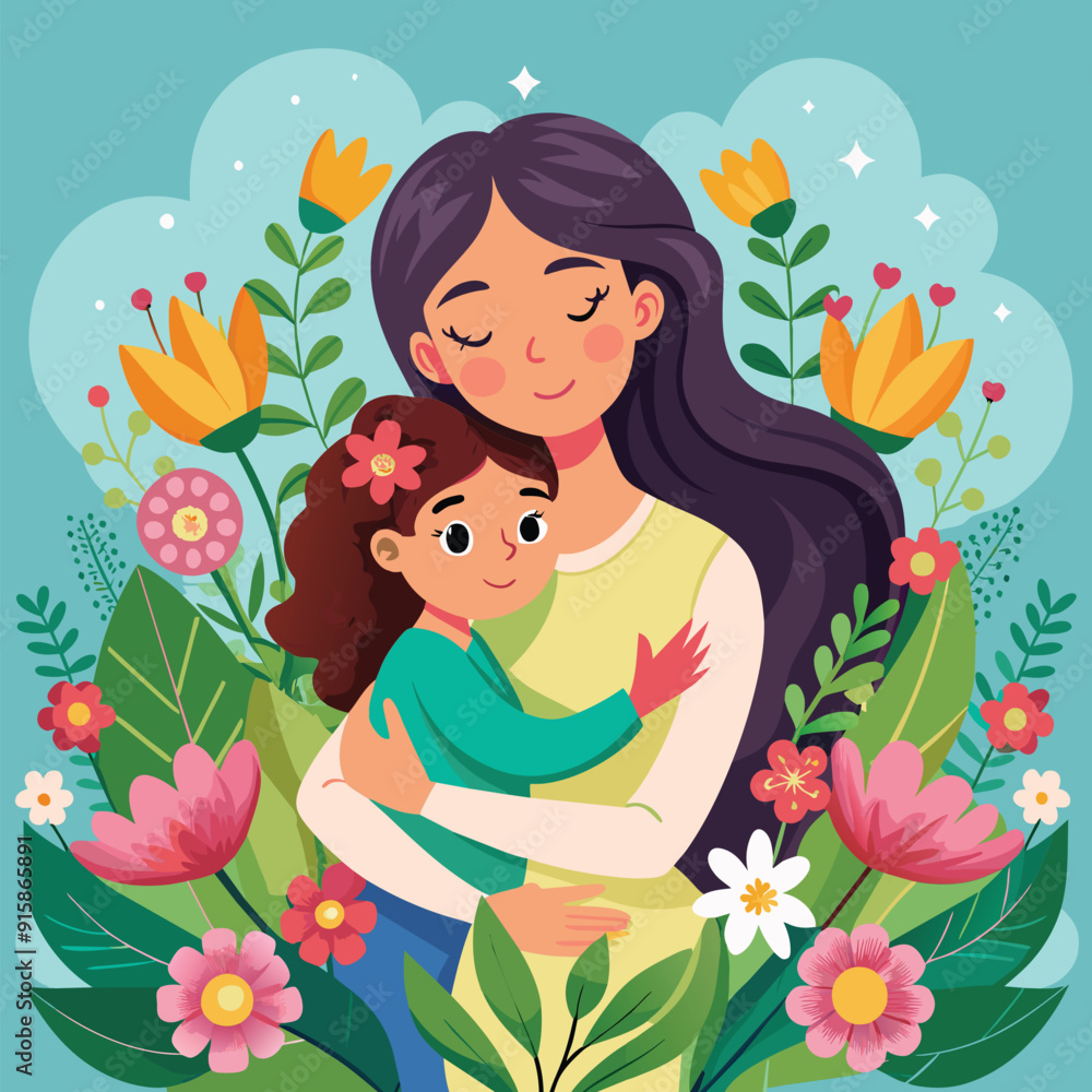 A loving mother holds her child close, surrounded by vibrant flowers, capturing a moment of affection and happiness between them A loving mother holds her child close, surrounded by vibrant flowers, capturing a moment of affection and happiness between them