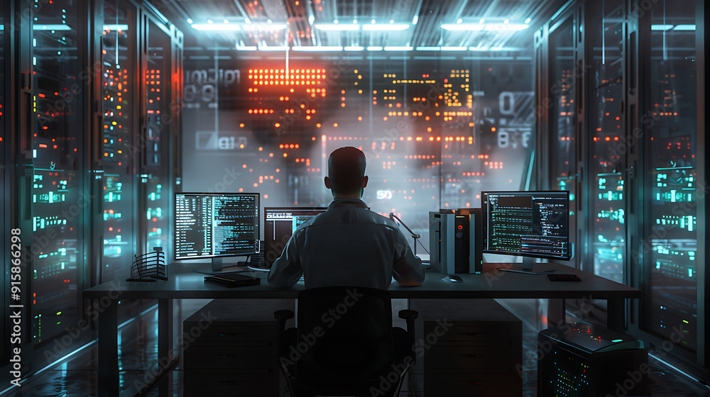 A male IT worker sits at his desk in front of computer monitors and looking computer screen, seen from behind and looking over the of an AI system that processes data on monitor displaying code
A male IT worker sits at his desk in front of computer monitors and looking computer screen, seen from behind and looking over the of an AI system that processes data on monitor displaying code