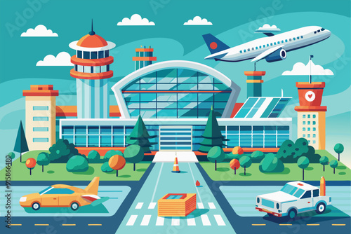 A lively airport showcases a runway, control tower, airplanes, and surrounding greenery under a clear blue sky