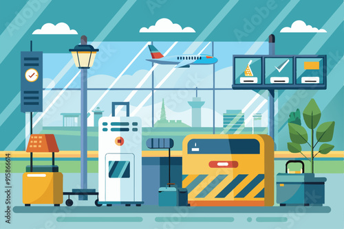 A view of an airport security checkpoint featuring luggage, security equipment, and an airplane visible through the large windows