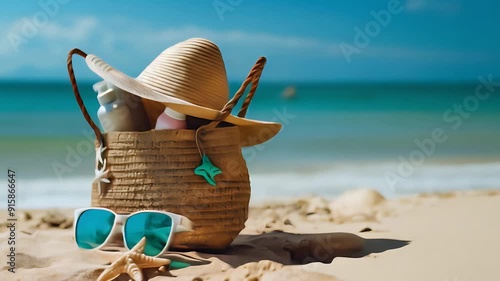 Beach Bag with Summer Essentials on Sandy Beach with Ocean Background