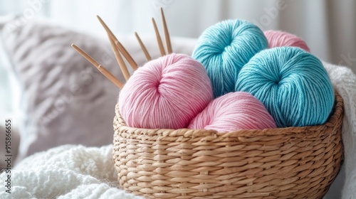 Basket of pastel yarn and knitting needles. Cozy handmade crafting photo