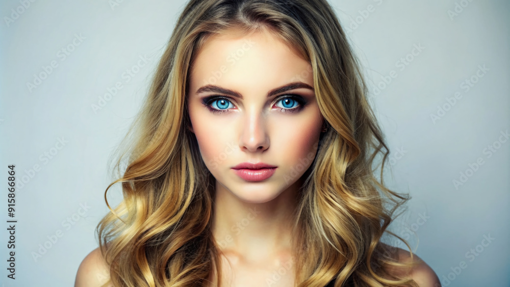 Fototapeta premium Beautiful young woman with flawless skin and bright blue eyes standing confidently in front of a clean white background, gazing directly at the camera.