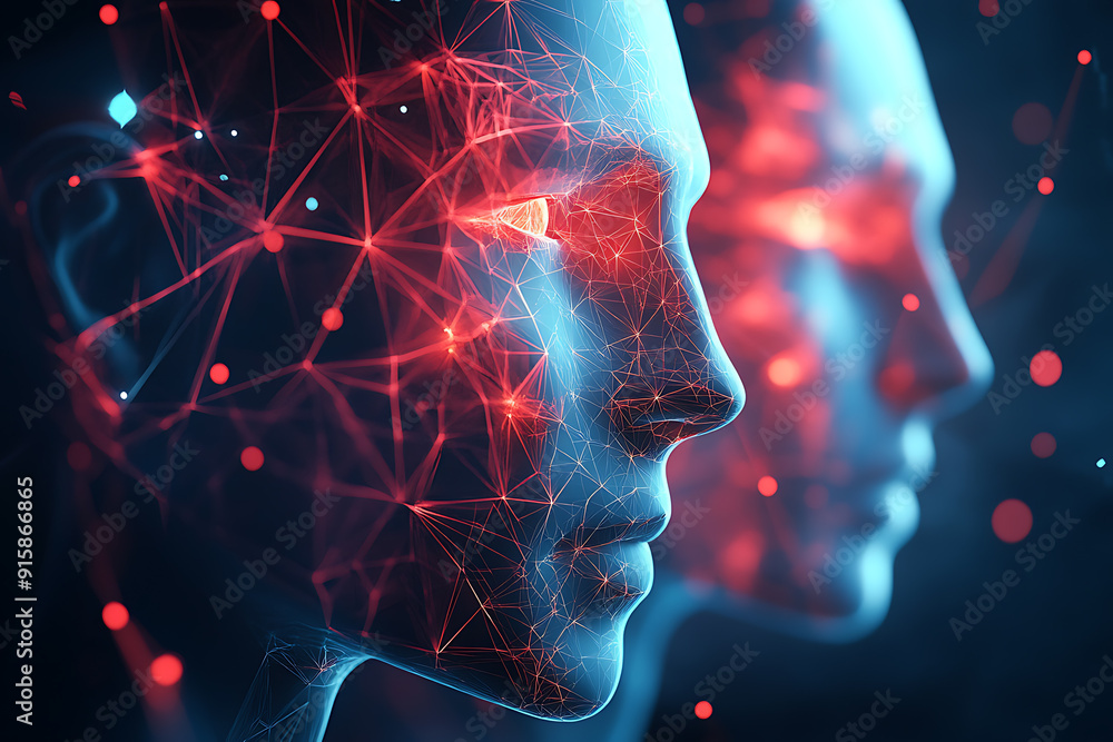 A low-poly style illustration representing cyber security, featuring geometric faces and angular patterns. A low-poly style illustration representing cyber security, featuring geometric faces and angular patterns.