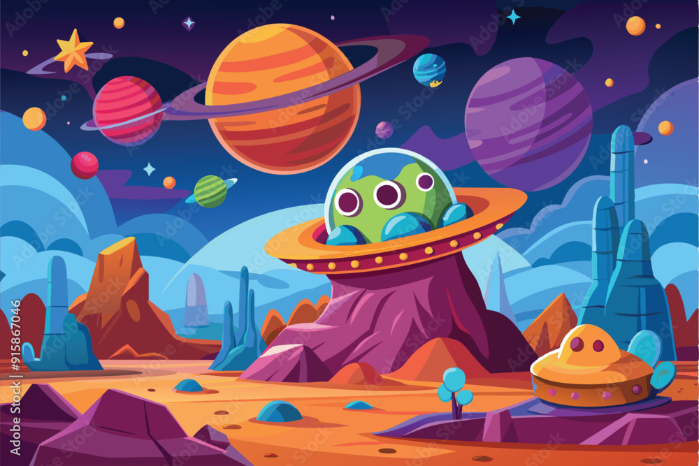 A colorful alien planet showcases vibrant landscapes, whimsical structures, and numerous planets in the night sky, inviting imagination and exploration A colorful alien planet showcases vibrant landscapes, whimsical structures, and numerous planets in the night sky, inviting imagination and exploration