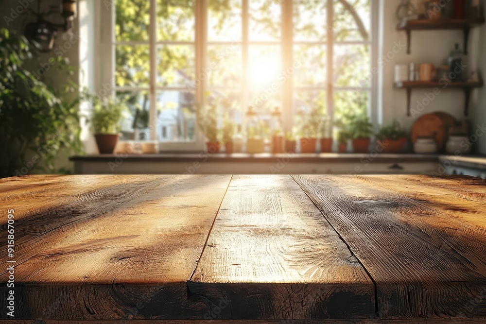 rustic wooden tabletop in sharp focus blurred kitchen background with sunlight streaming through windows warm and inviting atmosphere rustic wooden tabletop in sharp focus blurred kitchen background with sunlight streaming through windows warm and inviting atmosphere