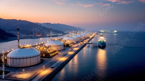 Industrial Port at Dusk With Cargo Ship and Storage Tanks
