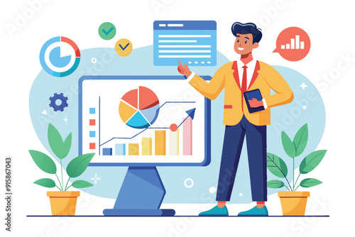 A confident leader presents growth chart data in a contemporary office, showcasing analysis and strategy using digital tools