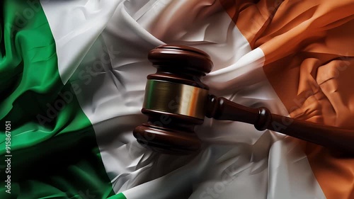 Gavel over the Flag of Ireland Background Symbolizing Irish Law and Justice