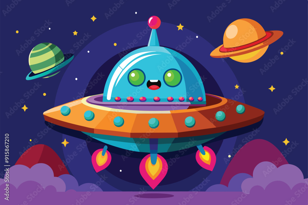 A vibrant alien spaceship with big eyes zips through a starry sky, surrounded by colorful planets and whimsical clouds A vibrant alien spaceship with big eyes zips through a starry sky, surrounded by colorful planets and whimsical clouds