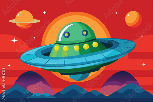 A vibrant alien spaceship flies above mystical mountains, set against a striking cosmic background with two planets and a glowing sunset