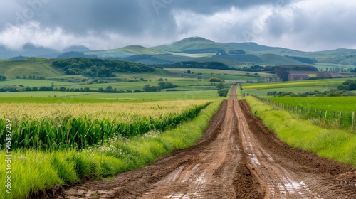 Serene Sunrise Over Lush Green Fields Along a Dirt Path in Early Morning