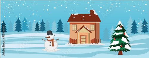The scene of a house in a pine grove is snowing and there is a Christmas tree with Snowman.