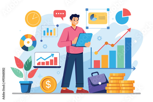 A man reviews growth charts and financial diagrams while assessing investments and market trends in a contemporary office setting