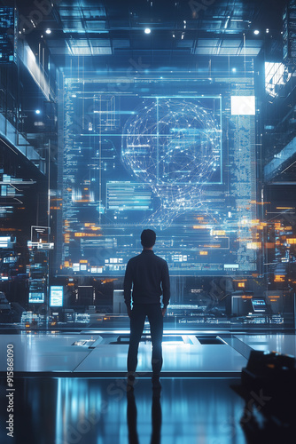 Man stand in huge development room with holograms represent projects