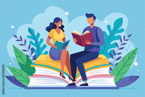 A man and woman are happily reading books while seated on a large book, immersed in a cozy and vibrant outdoor setting filled with greenery