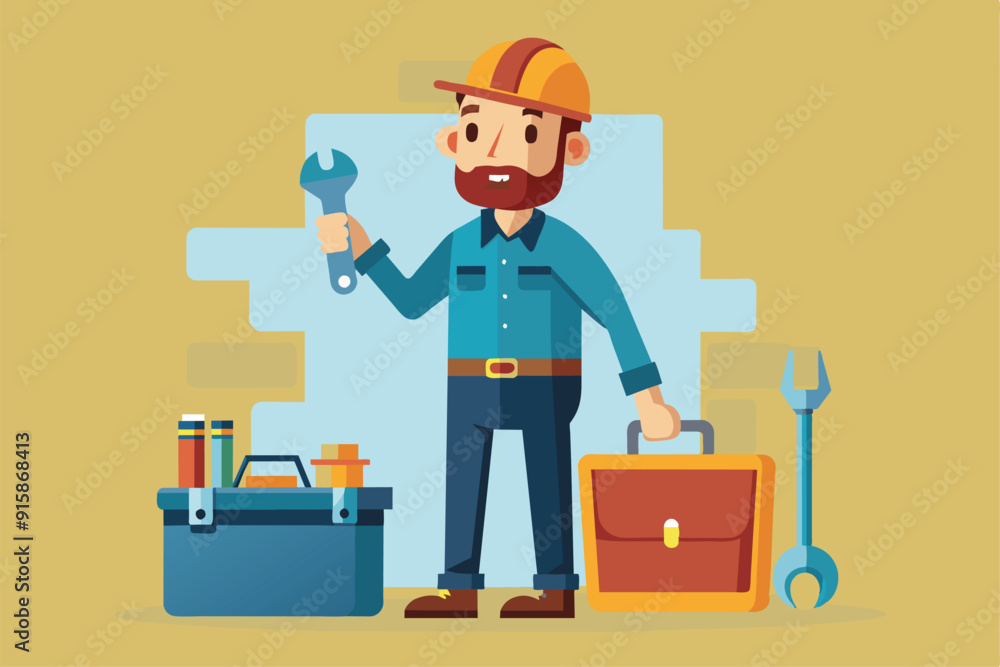 A man is confidently holding a wrench in one hand while carrying a toolbox in the other, ready for a day of repairs and maintenance A man is confidently holding a wrench in one hand while carrying a toolbox in the other, ready for a day of repairs and maintenance