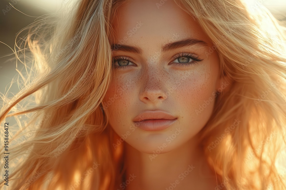 sunkissed blonde hair flowing in the wind soft focus golden hour lighting natural outdoor setting sunkissed blonde hair flowing in the wind soft focus golden hour lighting natural outdoor setting