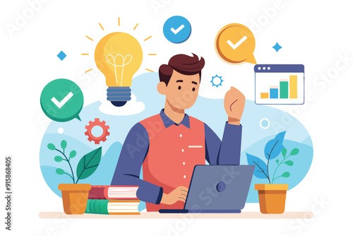 A man at his desk suddenly gets a brilliant idea for a task while working on his laptop surrounded by plants and study materials