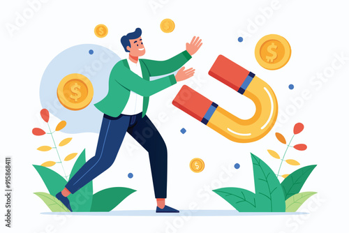 A man actively engages with a large magnet, drawing in coins while surrounded by vibrant plants and cheerful scenery