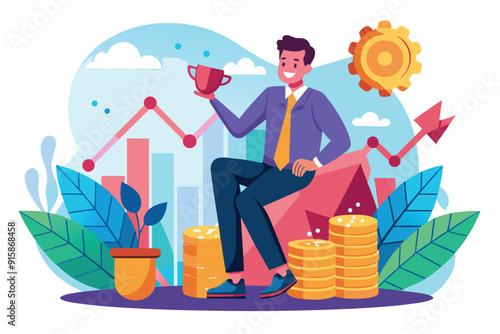 A man happily holds a trophy while seated among stacks of coins, surrounded by growth charts and foliage, celebrating his latest investment achievements