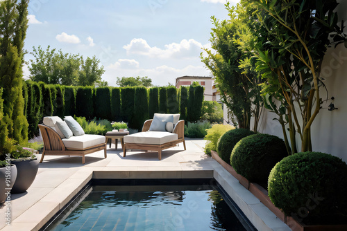 Photo of a luxurious backyard oasis with a sparkling pool and comfortable patio furniture 