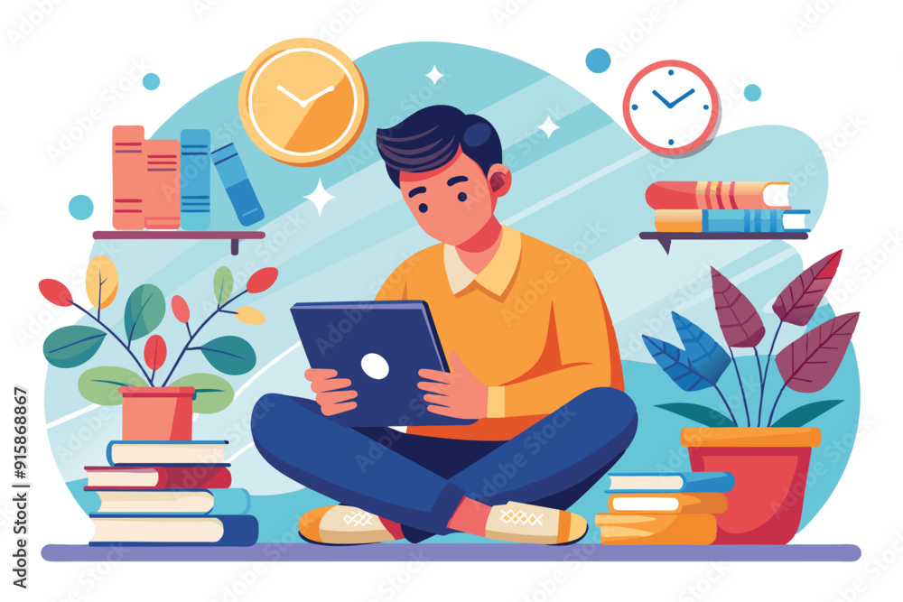 A young man sits on the floor, deeply focused on studying with a tablet, surrounded by books and decorative plants in a calm, cozy atmosphere A young man sits on the floor, deeply focused on studying with a tablet, surrounded by books and decorative plants in a calm, cozy atmosphere