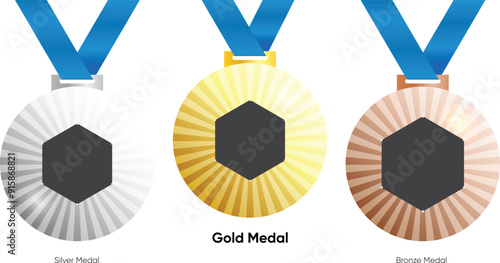 Gold, Bronze and Silver Medals for athlete winning the trophy. paris olympic 2024 medal icon set. Vector illustrations	