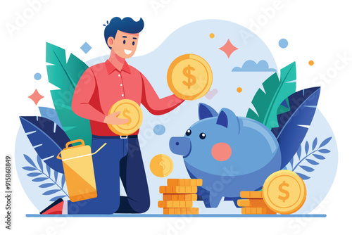 A man sorts through coins and prepares to save them in a piggy bank amid a colorful environment filled with greenery