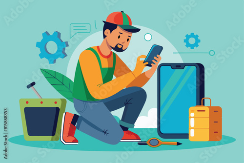 A man kneels while fixing a cell phone in a workshop, using tools and surrounded by various electronic devices and parts