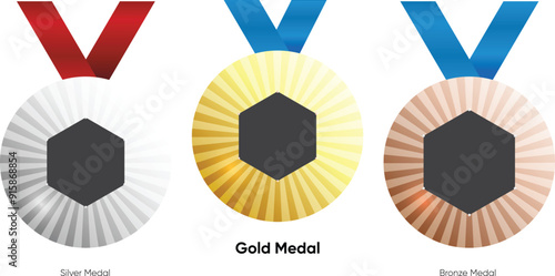 Gold, Bronze and Silver Medals for athlete winning the trophy. paris olympic 2024 medal icon set. Vector illustrations	