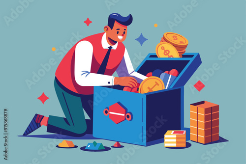 A man kneels while sorting money into a blue box, happily arranging coins and banknotes within a well-lit, colorful environment