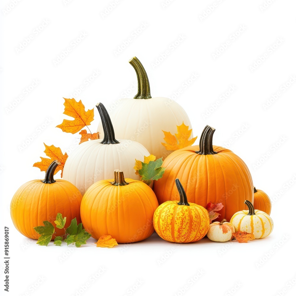 Collection of autumn pumpkins and squash with fall leaves on a white background Collection of autumn pumpkins and squash with fall leaves on a white background