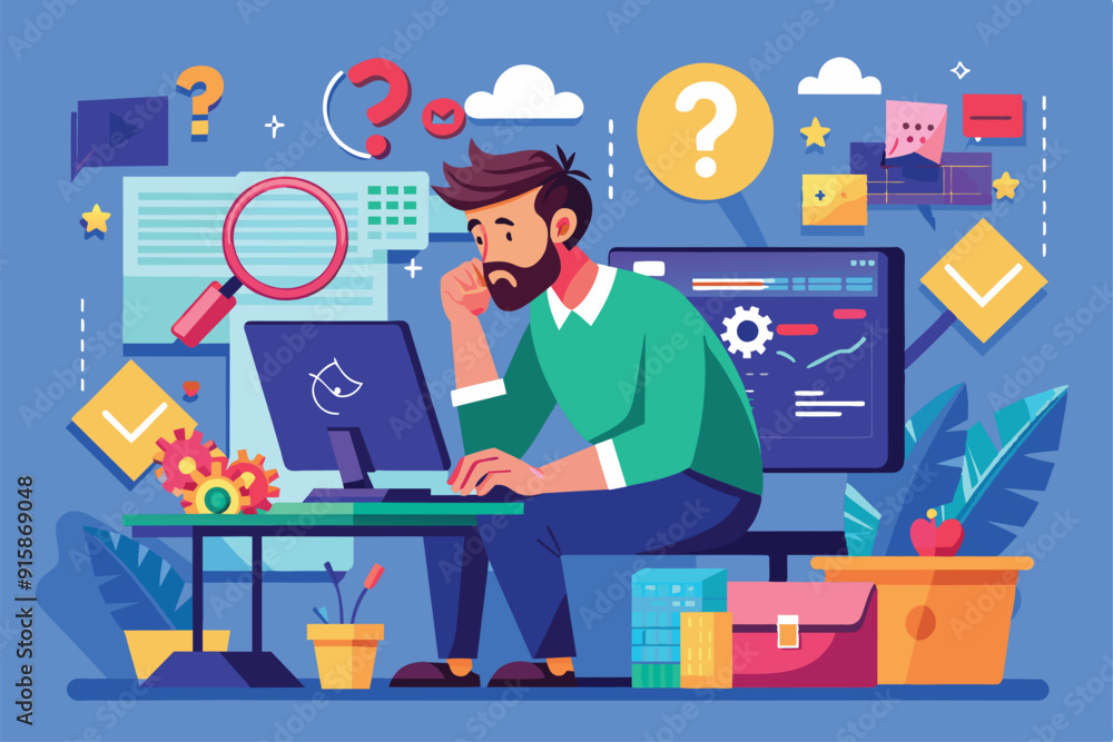 Fototapeta premium A man sits at his home office desk, thoughtfully searching for solutions to various computer errors while surrounded by digital tools and graphics