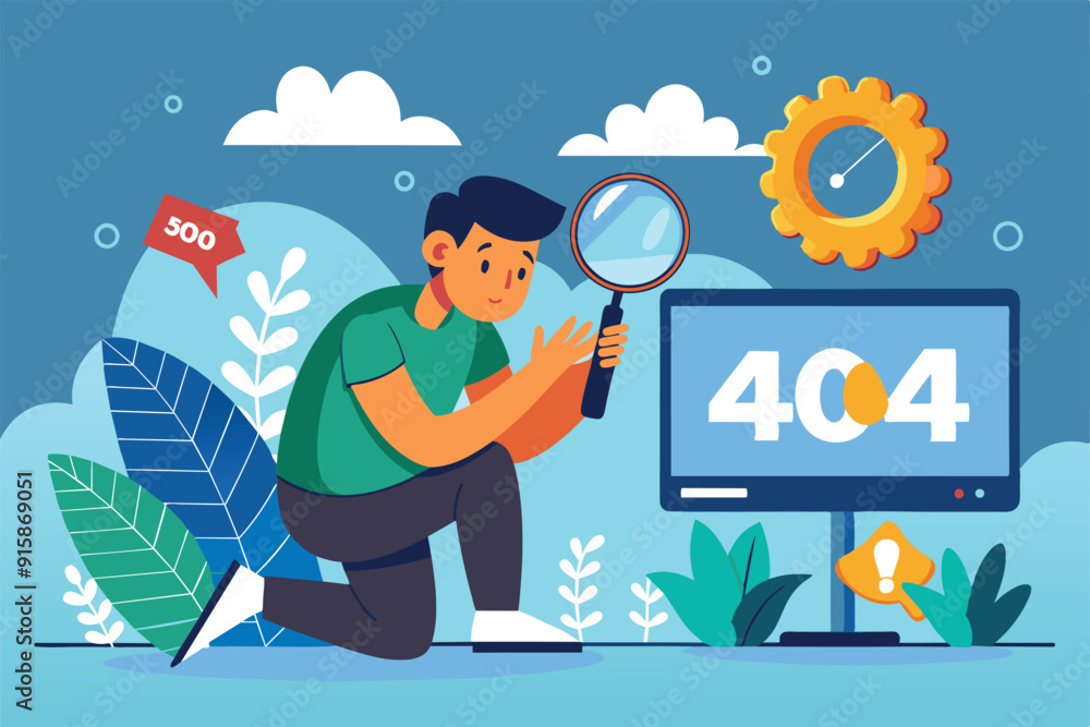 A man kneels with a magnifying glass, examining a computer screen showing a page not found error while surrounded by greenery and clouds A man kneels with a magnifying glass, examining a computer screen showing a page not found error while surrounded by greenery and clouds
