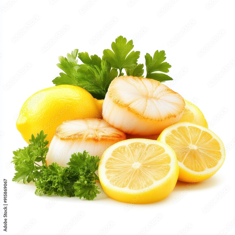 Fresh scallops garnished with lemon and parsley ready for a seafood dish Fresh scallops garnished with lemon and parsley ready for a seafood dish