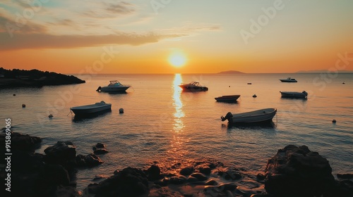 Sunset over calm waters with boats scattered along the shoreline during golden hour at a seaside location