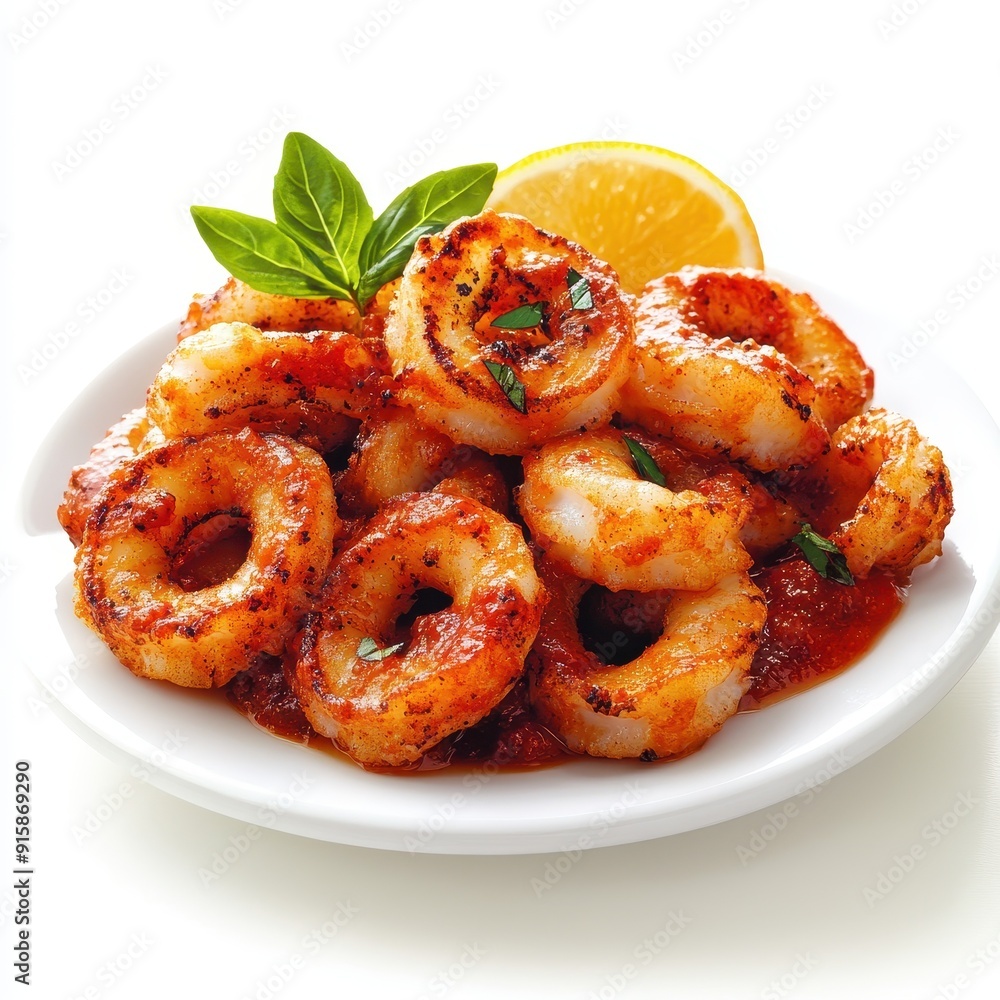 Crispy calamari with marinara sauce and lemon wedge on a white plate Crispy calamari with marinara sauce and lemon wedge on a white plate