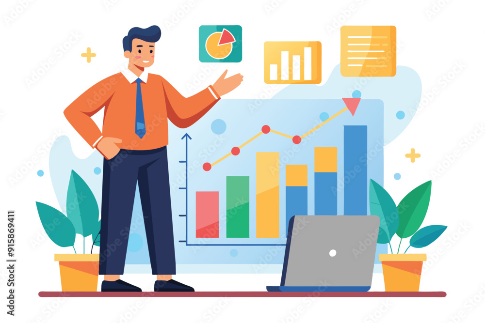 A man gestures towards growth charts on a screen while standing confidently in a well-lit office space, showcasing data analysis A man gestures towards growth charts on a screen while standing confidently in a well-lit office space, showcasing data analysis
