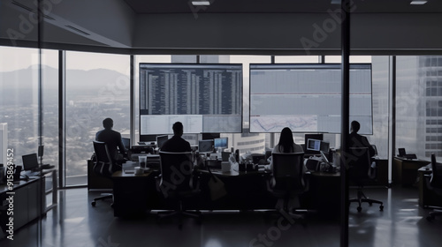 Financial Analysts Monitoring Market Data in High-Rise Office.