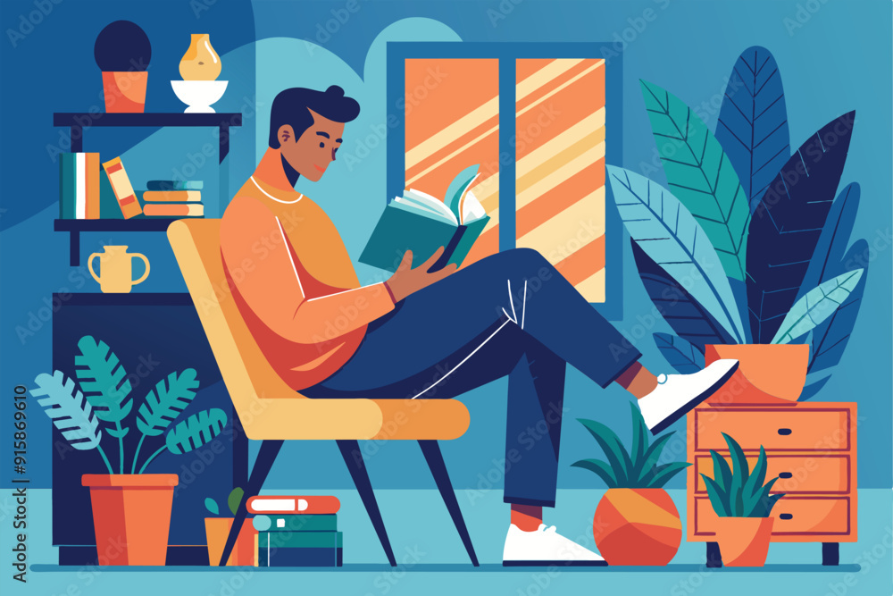A man sits in a chair, engrossed in reading a book surrounded by greenery in a cozy living room A man sits in a chair, engrossed in reading a book surrounded by greenery in a cozy living room