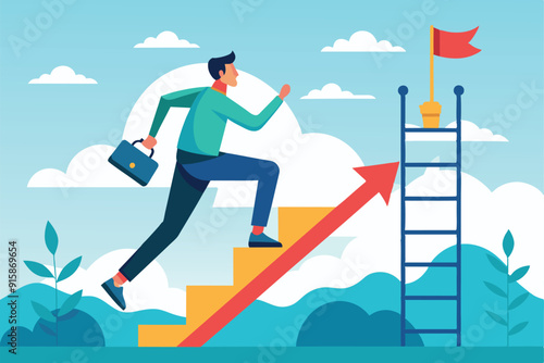 A man enthusiastically ascends a ladder path, striving toward a flag marking his goal against a vibrant outdoor backdrop