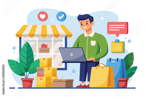 A man actively sells products online while standing in a cheerful shop filled with boxes and plants